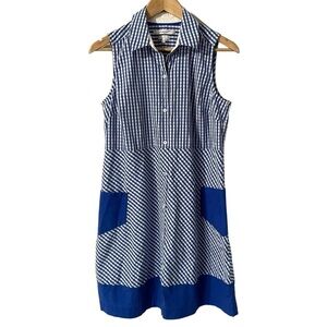 Foxcroft Gingham Sundress Sz 8 Shaped Blue White Preppy Casual Everyday BBQ VGUC